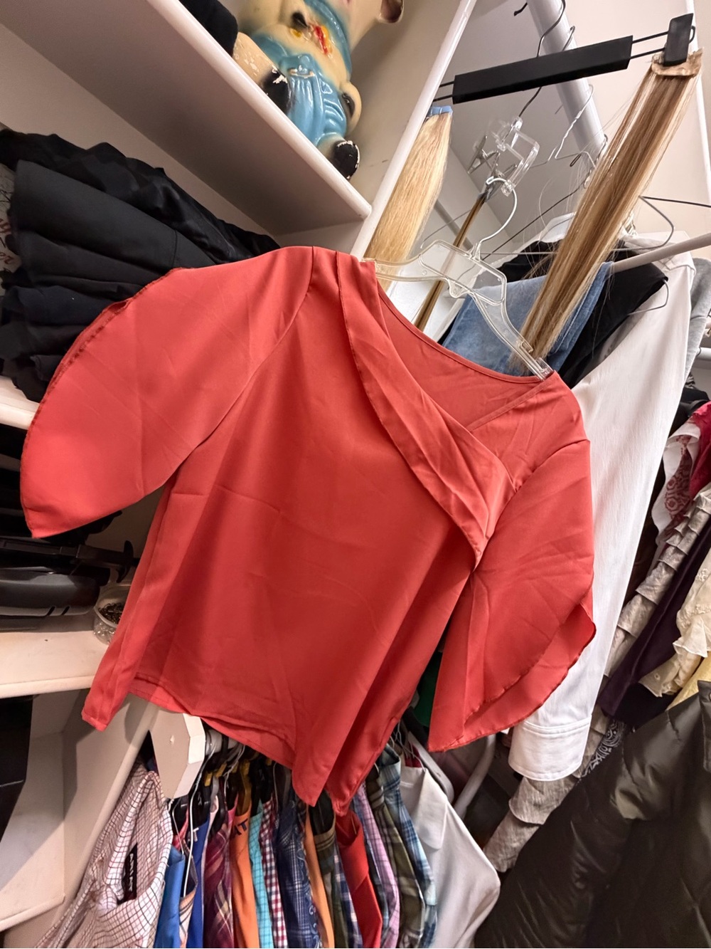 Women’s dark rust Asymmetrical Twist Neck Blouse